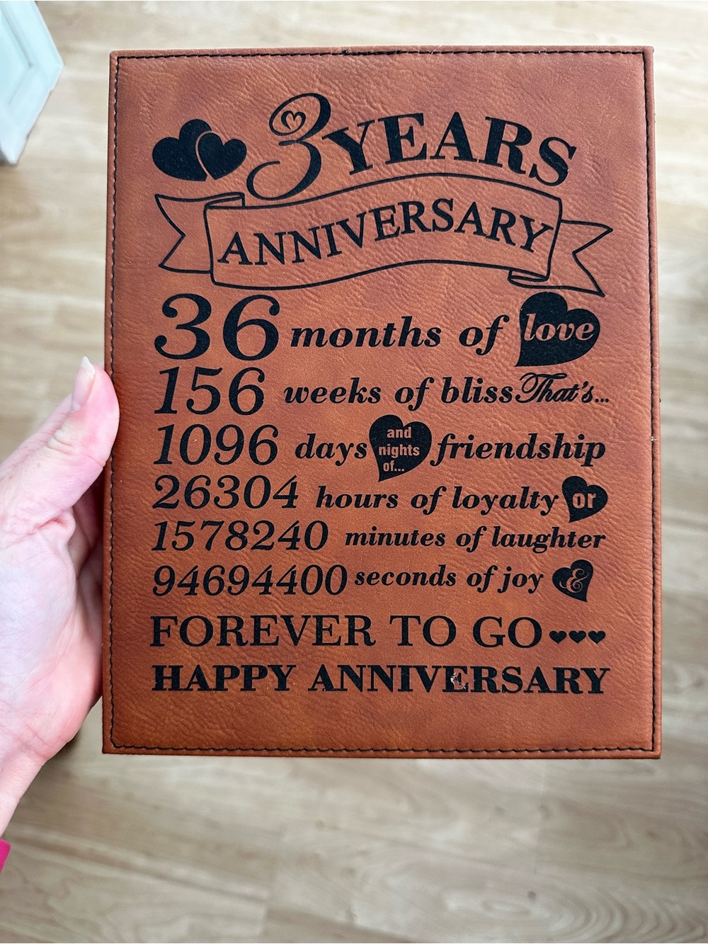 3 Years Anniversary Brown Leather Wall Plaque - Happy Anniversary